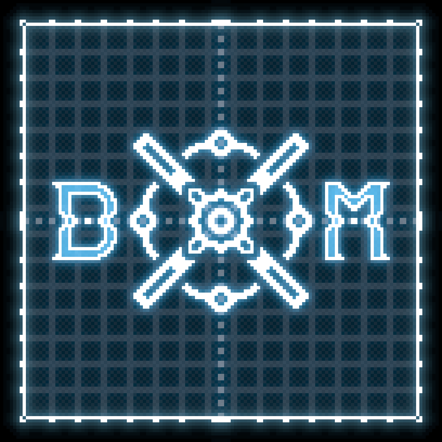 Stylized writing of 'dxm' the name of the game over a neon grid.